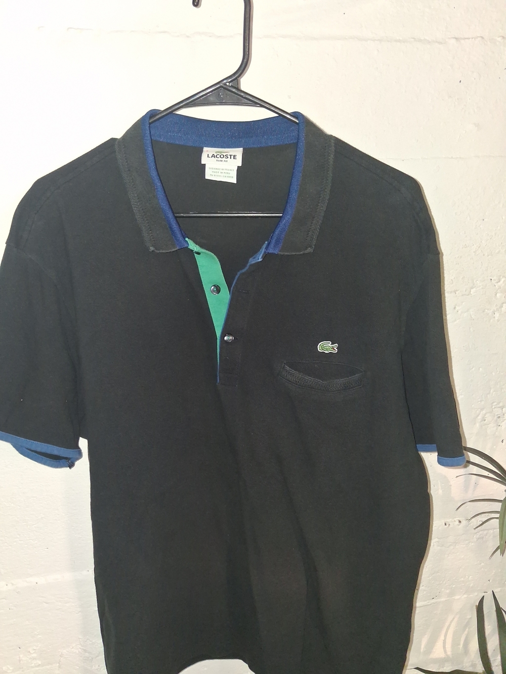 Lacoste Black Polo with Blue Collar and Green Placket